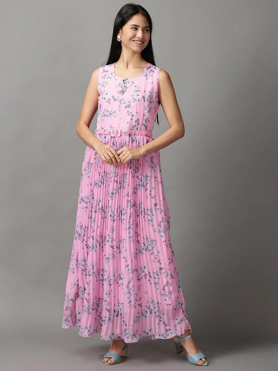 Women's Pink Floral Fit and Flare Dress-KG-502-Pink