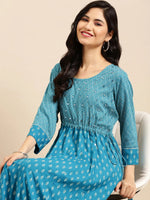 Women's Blue Printed Anarkali Kurta-AT-A561-LG-Blue