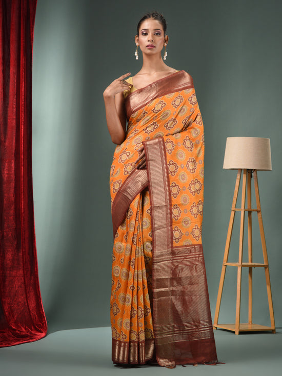 Yellow Blended Silk Handwoven Ajrakh Print Saree-MA50BSL34830020