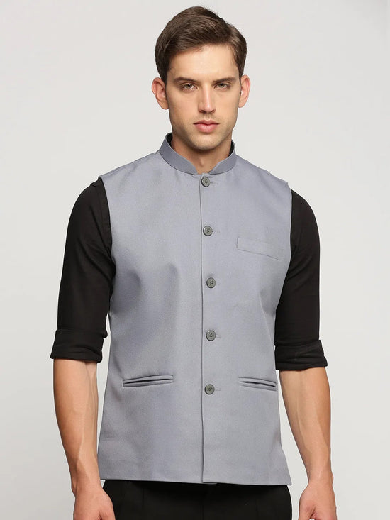 Men Grey Mandarin Collar Solid Nehru Jacket-AD-J-450-Grey