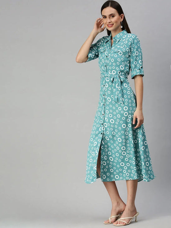 Women's Green Printed Shirt Dress-AE-444943-Seagreen