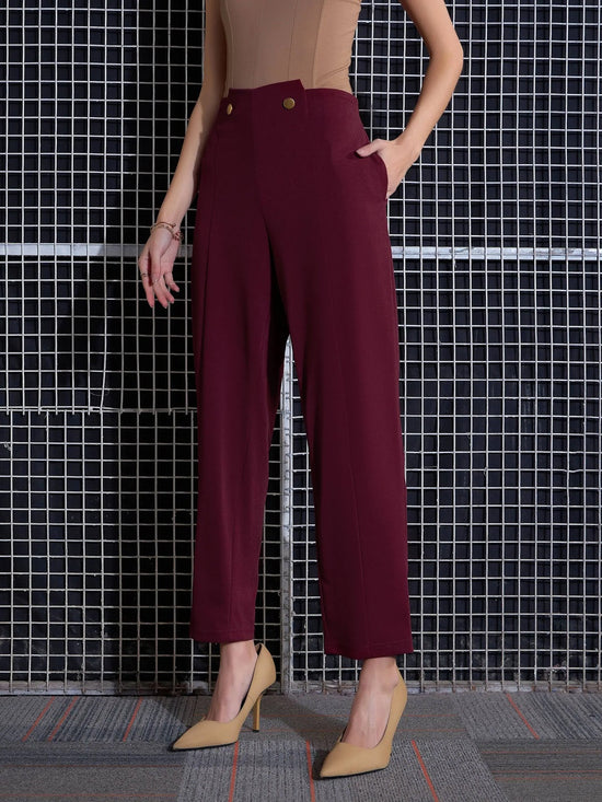 Women Red Waist Button Pants