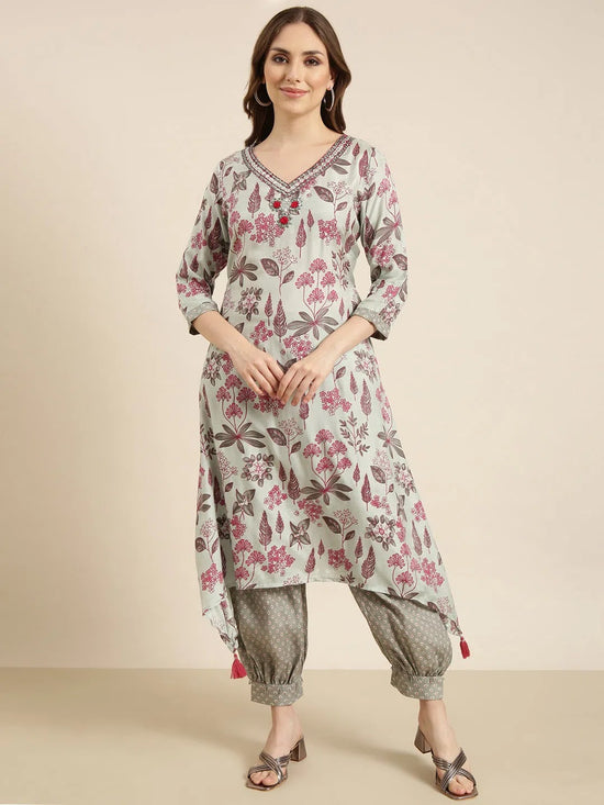 Women A-Line Grey Floral Kurta and Patiala Set-BC-SK-1925-Grey