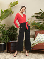 Women Red & Black V Neck Belted Wrap Jumpsuit