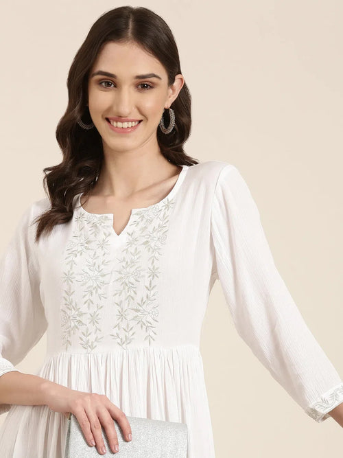 Women White Solid Fit and Flare Kurta-RF-1732-White