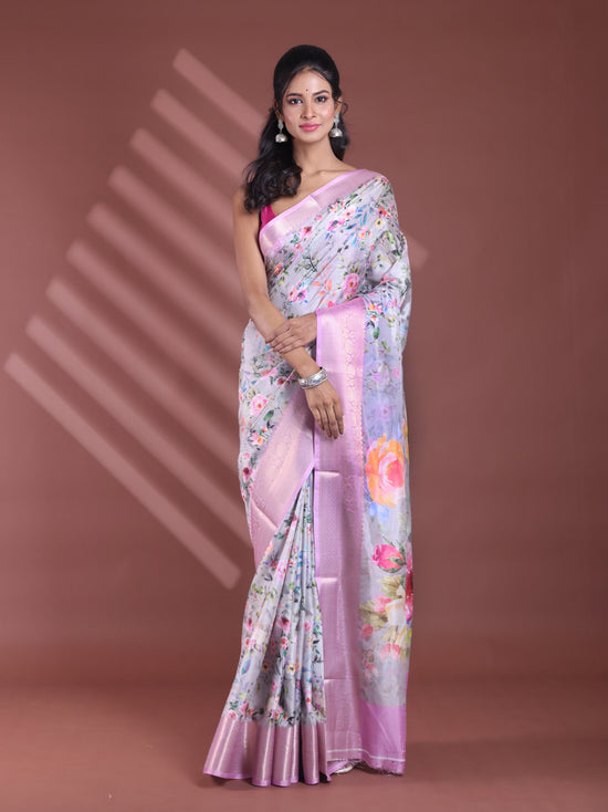 Ecru Floral Print Silk Soft Saree With Zari Border-MA60BSL01770012