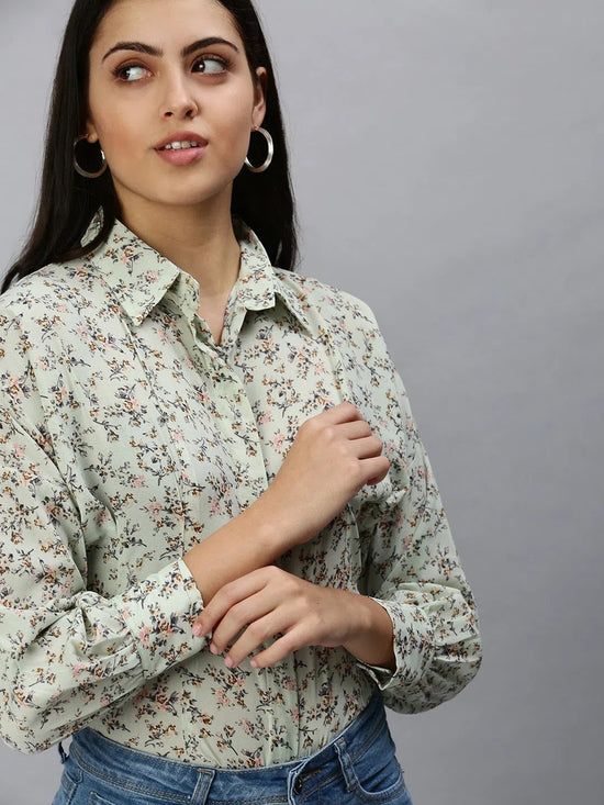 Women's Green Printed Shirt-AE-10197-Green