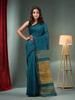 Teal Green Cotton Blend Handwoven Saree With Ghicha Pallu-MA50BCT06550100