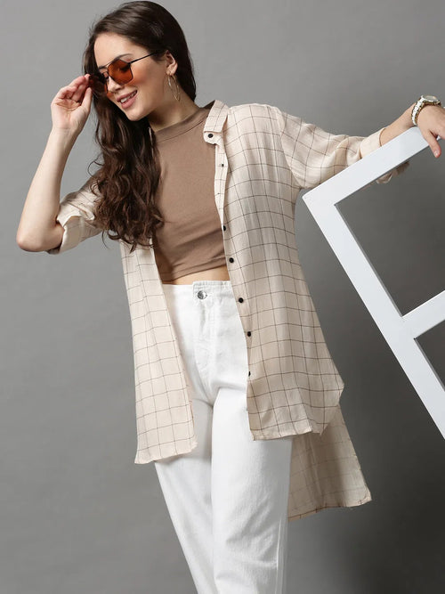 Women's Beige Checked Longline Shirt-AE-10418-Beige