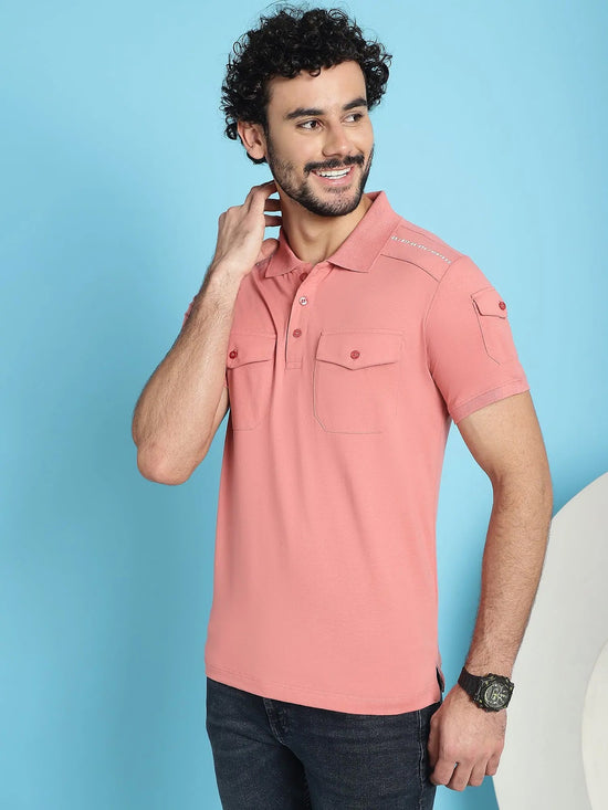 Venitian Men Double Mercerised 3 Pocket Cargo Pink Polo Neck T-Shirt for Men