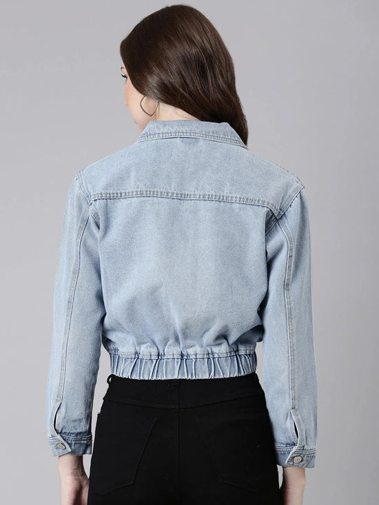 Women Blue Solid Denim Jacket-GZ-5581-Blue