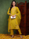 Ahika Women Mustard Silk Blend Solid Yoke Design Straight Kurta Trouser With Dupatta