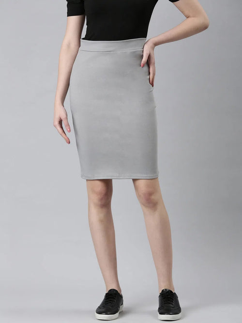 Women Grey Solid Pencil Skirt-AE-10609-Grey