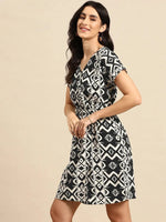 Overlap printed kimono sleeve short dress in Black and Cream Ikkat Print