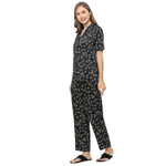 Smarty Pants Women's Silk Satin Black Color Floral Print Night Suit