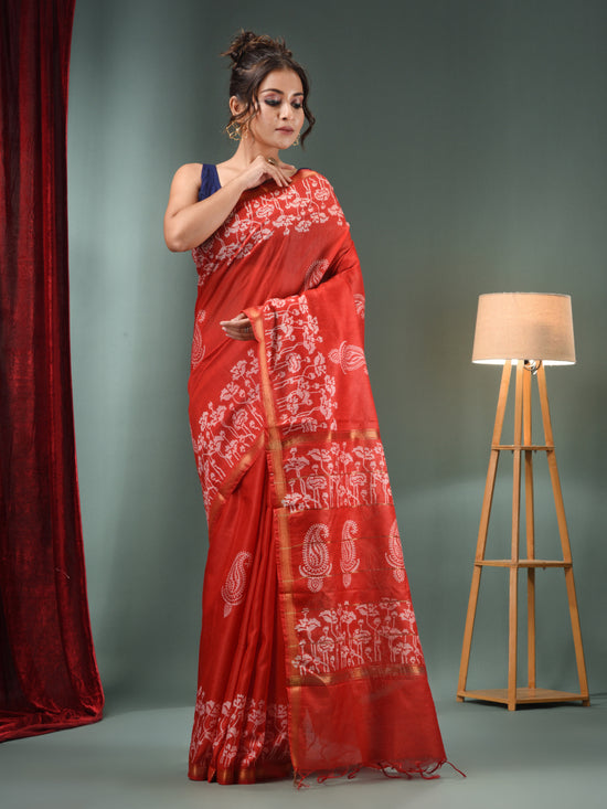 Red Blended Silk Handwoven Saree With Floral Border-MA50BSL34710001