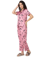 Smarty Pants Women's Silk Satin Pink Color Palm Tree Printed Night Suit