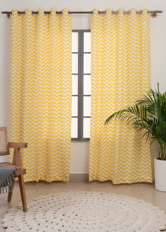 Ikat Chevron 100% cotton geometric curtain for living room - Room darkening - Yellow - Pack of 1-230431048