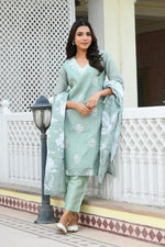 Vaasva Women Green Kota Doria Embroidered Solid Kurta Set With Solid Pants & Printed Dupatta-144-Vaas-Green