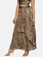 Floral Brown Asymmetrical Flare Maxi Skirt-17355