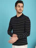 Venitian Men Striped Polo Neck Full Sleeves Black T-Shirt Wih Pocket