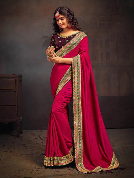 Saree Mall Women's Vichitra  Magenta Embroidered Designer Saree With Blouse Piece-MIRNSH2002