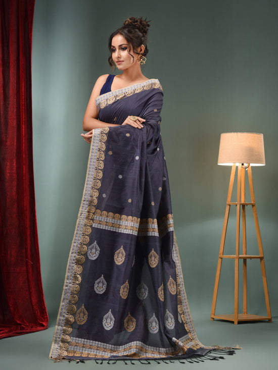 Dark Grey Cotton Handwoven Saree With Woven Designs-MA50CT061410090