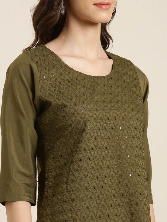 Women Olive Embellished Straight Kurta-SKC-1210-Olive