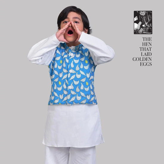 Cotton Nehru Jacket with Kurta Pajama Set with Hen That Laid The Golden Eggs Print