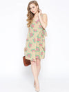 Overlap Rose Printed Dress with side tie up in Beige