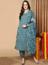 Ahika Women Teal Cotton Printed A-Line Kurta Salwar Set