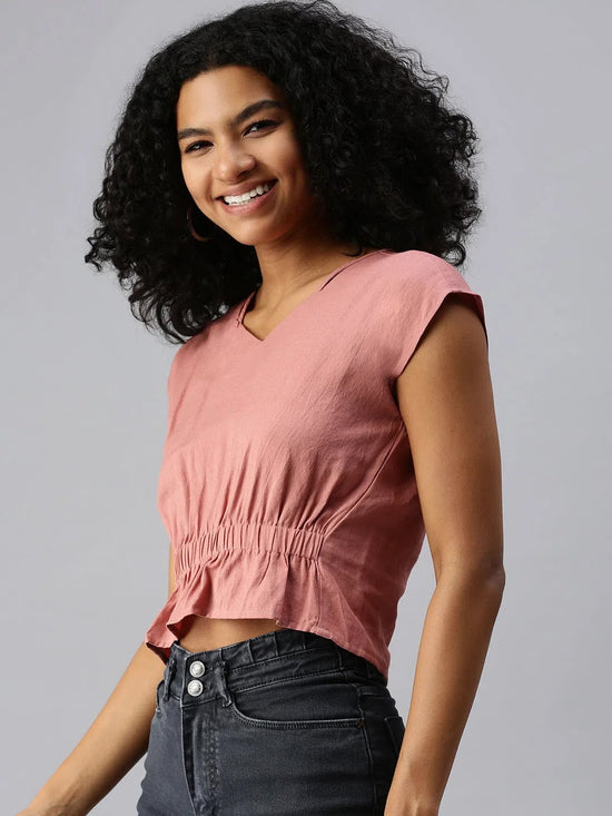 Women's Peach Solid Top-AE-10210-Peach