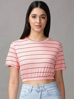 Women's Peach Striped Cinched Waist Crop Top-AE-10503-Peach