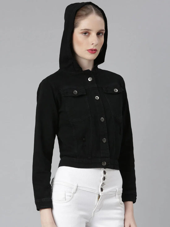 Women Black Solid Denim Jacket-GZ-9510-Black