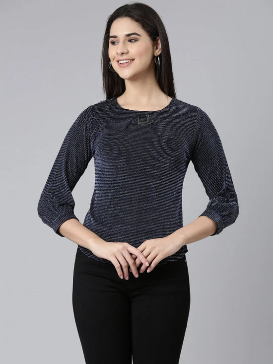 Round Neck Cuffed Sleeves Embellished Navy Blue Regular Top-SP-826-Navyblue