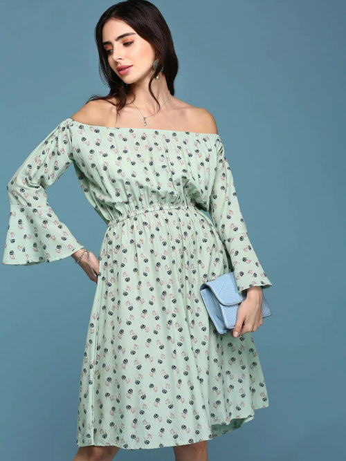 Women's A-Line Green Printed Dress-AE-9887-Greennavyblue