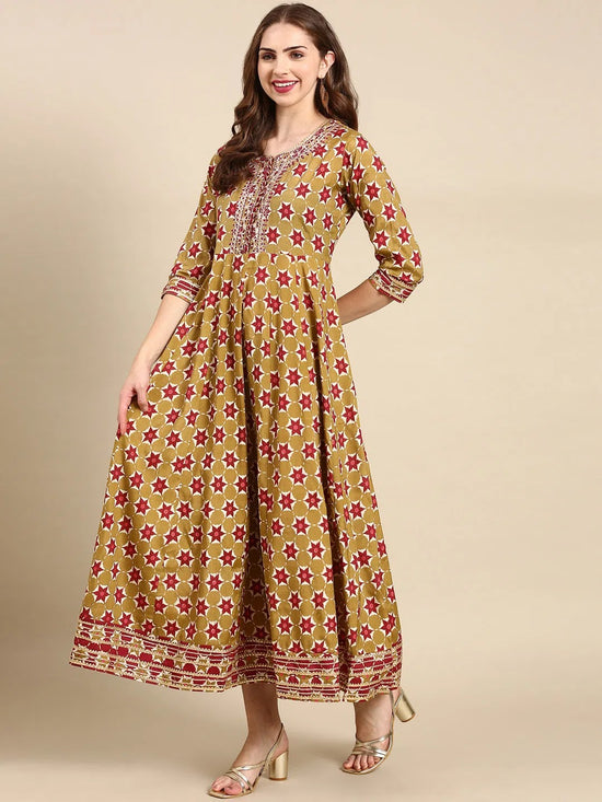 Women's Olive Embellished Anarkali Kurta-FS-2562-Olive