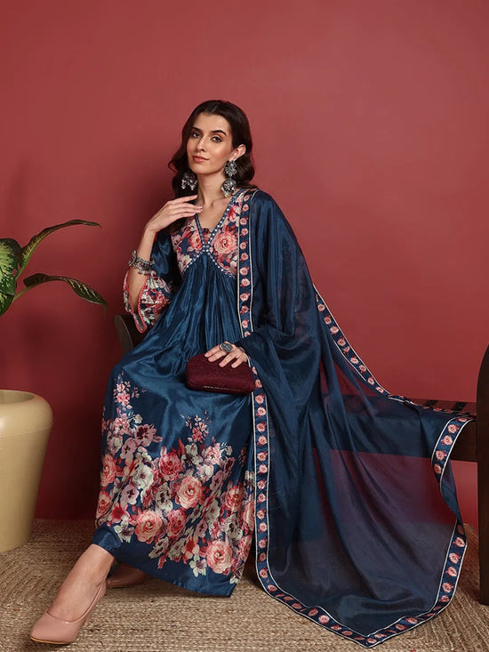 Ahika Polyester Floral Blue Indian Ethnic