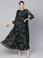 Ahalyaa Women'S Black Georgette Floral Printed Gown