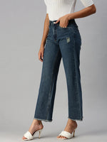 Women's Blue Solid Wide Leg Denim Jeans-GZ-5073C-Blue