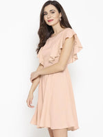 Frill sleeve deep back skater dress in Skin Color