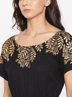 Gold Block Print Front Pleated side cowl dress in Black