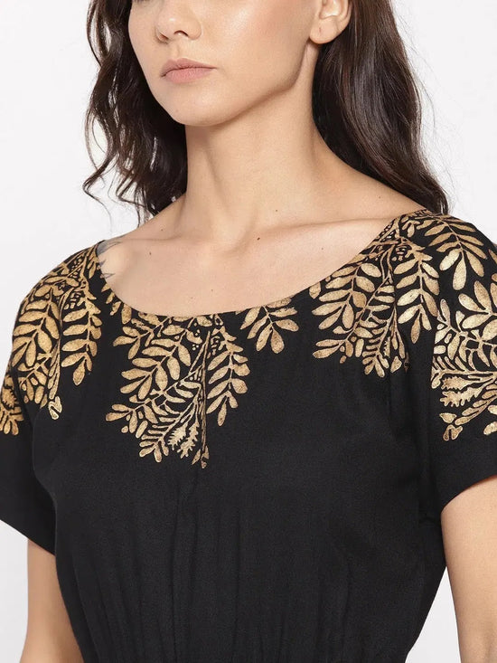 Gold Block Print Front Pleated side cowl dress in Black