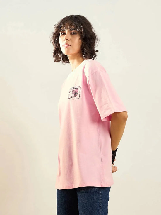 Women Pink Camera Printed Oversize T-shirt