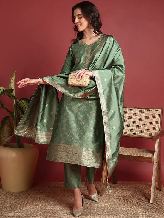 Ahika Polyester Ethnic motifs Green Indian Ethnic