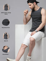 Rigo Dark Grey Placement Print With Curved Bottom Sleeveless T-Shirt Vest