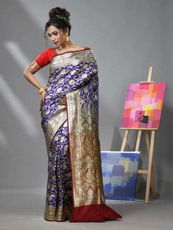 Ultra Violet Silk Banarasi Saree With Zari Woven Floral And Paisley Designs-MA52BSL441050035