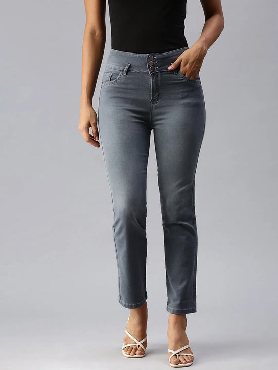 Women's Grey Solid Straight Fit Denim Jeans-SF-15903-3-Grey