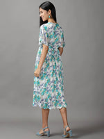 Women's White Floral Fit and Flare Dress-KG-592-Whiteturquoiseblue