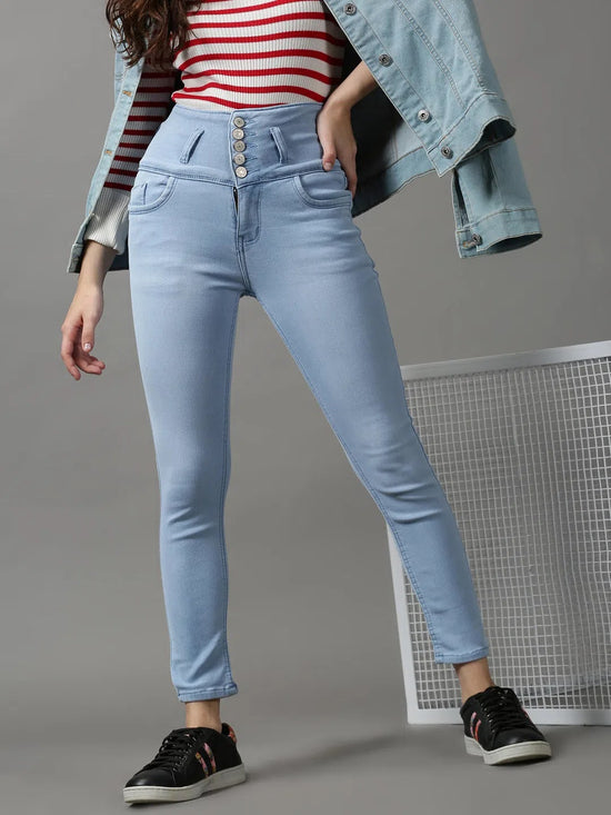 Women's Blue Solid Skinny Fit Denim Jeans-GZ-5353-Blue